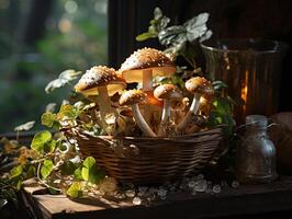 ai généré champignons dans le rosée génératif ai photo