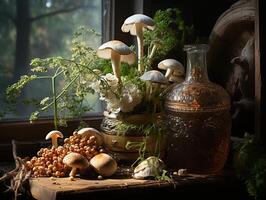 ai généré champignons dans le rosée génératif ai photo