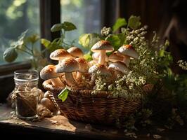 ai généré champignons dans le rosée génératif ai photo