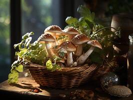 ai généré champignons dans le rosée génératif ai photo