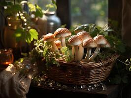 ai généré champignons dans le rosée génératif ai photo