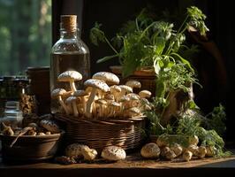 ai généré champignons dans le rosée génératif ai photo