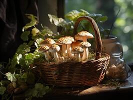 ai généré champignons dans le rosée génératif ai photo