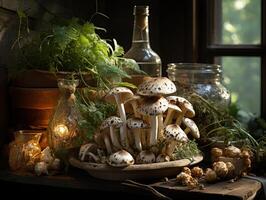 ai généré champignons dans le rosée génératif ai photo