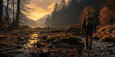 ai généré retour vue de une voyageur dans le forêt contre le toile de fond de le coucher du soleil génératif ai photo