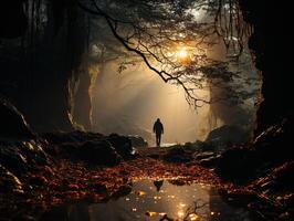ai généré retour vue de une voyageur dans le forêt contre le toile de fond de le coucher du soleil génératif ai photo