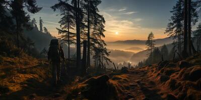 ai généré retour vue de une voyageur dans le forêt contre le toile de fond de le coucher du soleil génératif ai photo