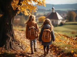 ai généré les enfants avec sacs à dos aller à école génératif ai photo