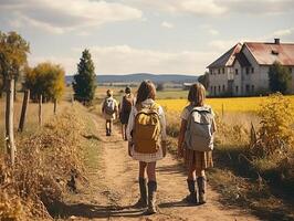 ai généré les enfants avec sacs à dos aller à école génératif ai photo