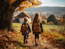 ai généré les enfants avec sacs à dos aller à école génératif ai photo