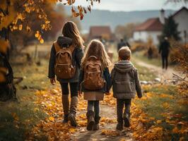 ai généré les enfants avec sacs à dos aller à école génératif ai photo