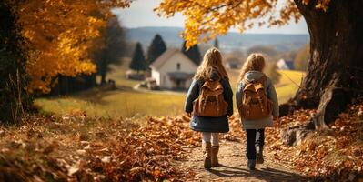 ai généré les enfants avec sacs à dos aller à école génératif ai photo