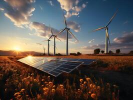 ai généré solaire panneaux Moulins à vent renouvelable énergie génératif ai photo