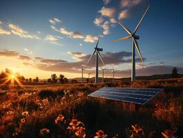 ai généré solaire panneaux Moulins à vent renouvelable énergie génératif ai photo