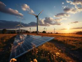 ai généré solaire panneaux Moulins à vent renouvelable énergie génératif ai photo