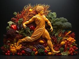 ai généré silhouette de une homme fonctionnement sur le Contexte de des légumes et des fruits en bonne santé en mangeant génératif ai photo