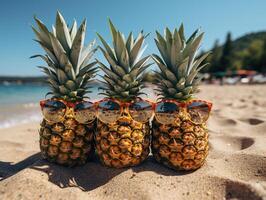 ai généré Ananas dans des lunettes de soleil par le mer génératif ai photo