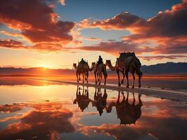 ai généré chameau caravane à le coucher du soleil génératif ai photo