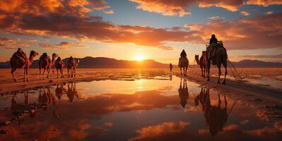 ai généré chameau caravane à le coucher du soleil génératif ai photo