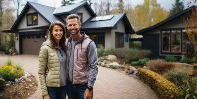 ai généré Jeune couple sur le Contexte de Nouveau logement génératif ai photo