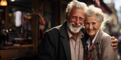ai généré personnes âgées content couple étreindre génératif ai photo