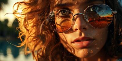 ai généré magnifique femme dans des lunettes de soleil sur le Contexte de le Azur plage génératif ai photo