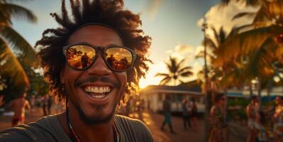 ai généré homme dans des lunettes de soleil sur le Contexte de le Azur plage génératif ai photo