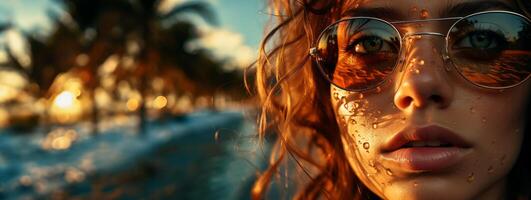 ai généré magnifique femme dans des lunettes de soleil sur le Contexte de le Azur plage génératif ai photo