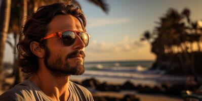 ai généré homme dans des lunettes de soleil sur le Contexte de le Azur plage génératif ai photo