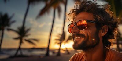 ai généré homme dans des lunettes de soleil sur le Contexte de le Azur plage génératif ai photo