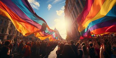 ai généré lgbt parade avec coloré drapeaux génératif ai photo