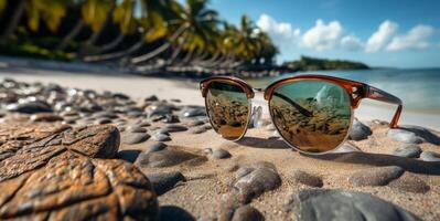 ai généré des lunettes de soleil mensonge sur le plage sur le le sable génératif ai photo