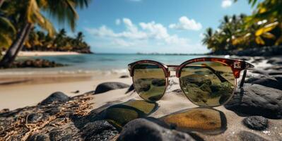 ai généré des lunettes de soleil mensonge sur le plage sur le le sable génératif ai photo