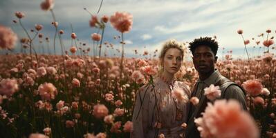 ai généré couple dans l'amour sur fleur Prairie génératif ai photo