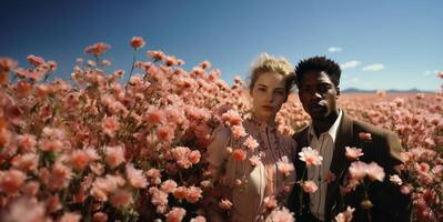 ai généré couple dans l'amour sur fleur Prairie génératif ai photo