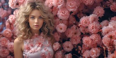 ai généré fermer portrait de une fille dans fleurs génératif ai photo