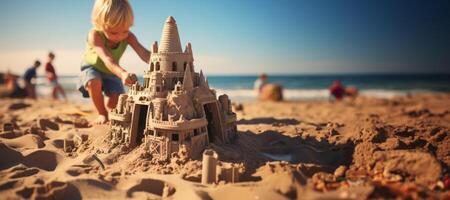 ai généré enfant construit une le sable Château sur le plage génératif ai photo