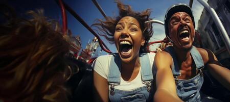 ai généré content Jeune couple sur une rouleau Coaster génératif ai photo