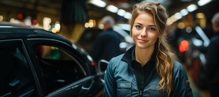 ai généré fille à le usine génératif ai photo