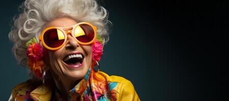 ai généré à la mode brillant grand-mère dans des lunettes de soleil génératif ai photo