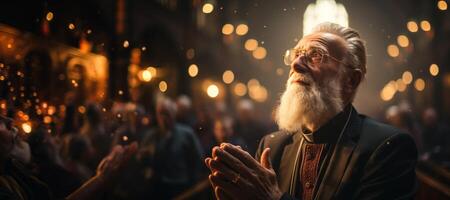 ai généré pasteur prier dans église génératif ai photo