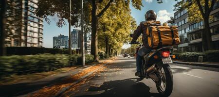 ai généré livraison autour le ville par moto génératif ai photo