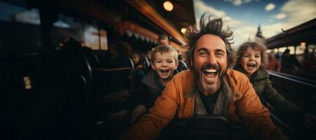 ai généré père avec le sien enfant sur une rouleau Coaster génératif ai photo