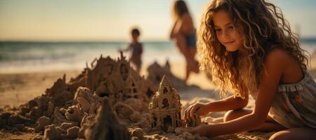 ai généré enfant construit une le sable Château sur le plage génératif ai photo