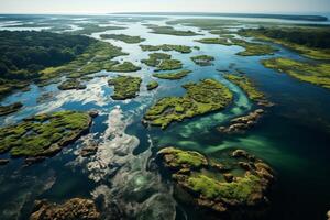 ai généré rivière delta de une des oiseaux œil vue génératif ai photo