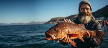 ai généré pêcheur en portant poisson dans le sien mains génératif ai photo
