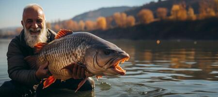 ai généré pêcheur en portant poisson dans le sien mains génératif ai photo