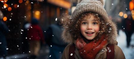 ai généré hiver portrait de une enfant fille sur une flou Contexte génératif ai photo