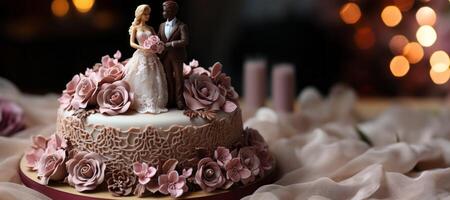 ai généré mariage gâteau avec Les figures de le la mariée et jeune marié sur une flou Contexte génératif ai photo