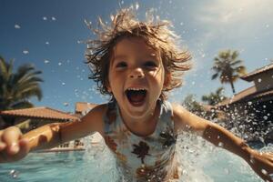 ai généré joyeux peu enfant éclabousser dans le bassin génératif ai photo